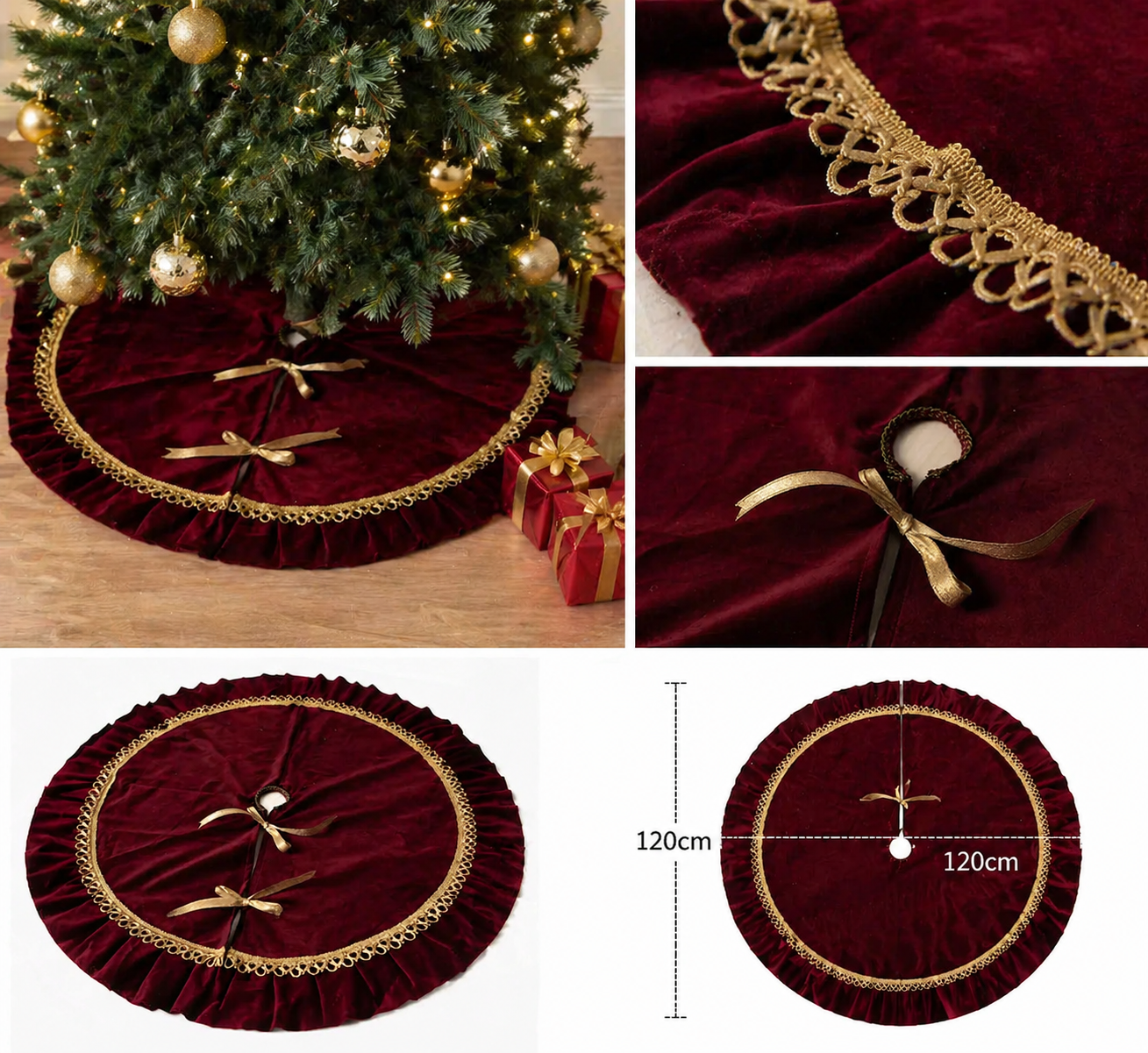 Wholesale Burgundy Velvet Christmas Tree Skirt – 120cm Holiday Tree Base Decor for Retailers & Bulk Orders
