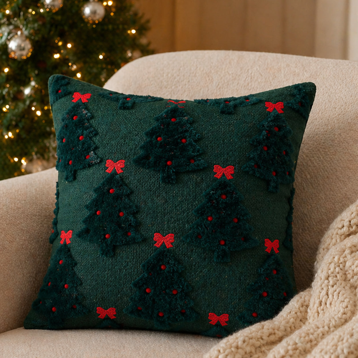 Wholesale Christmas Tree Embroidered Throw Pillow Cover | Custom Holiday Cushion Cover | MOQ Bulk Order + Sample Available
