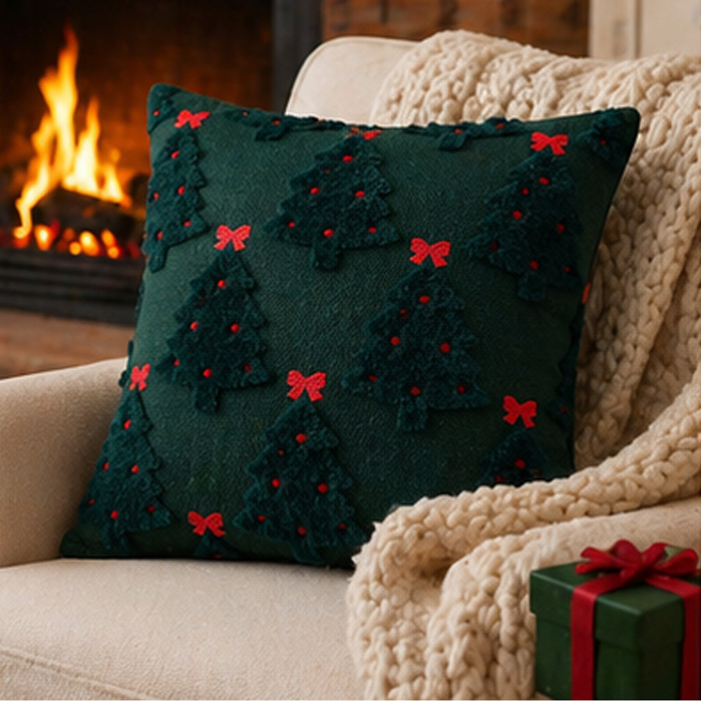 Wholesale Christmas Tree Embroidered Throw Pillow Cover | Custom Holiday Cushion Cover | MOQ Bulk Order + Sample Available