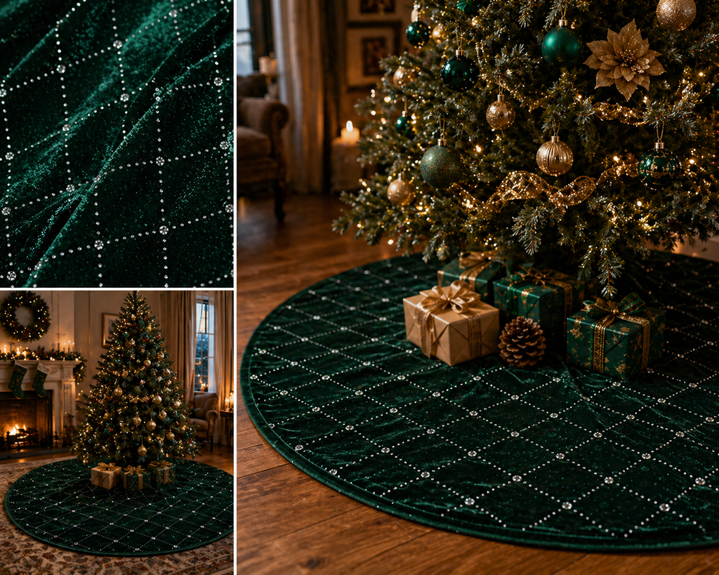 Luxury Velvet Christmas Tree Skirt with Rhinestone Pattern – Custom Holiday Tree Base Cover | Wholesale & Sample Available