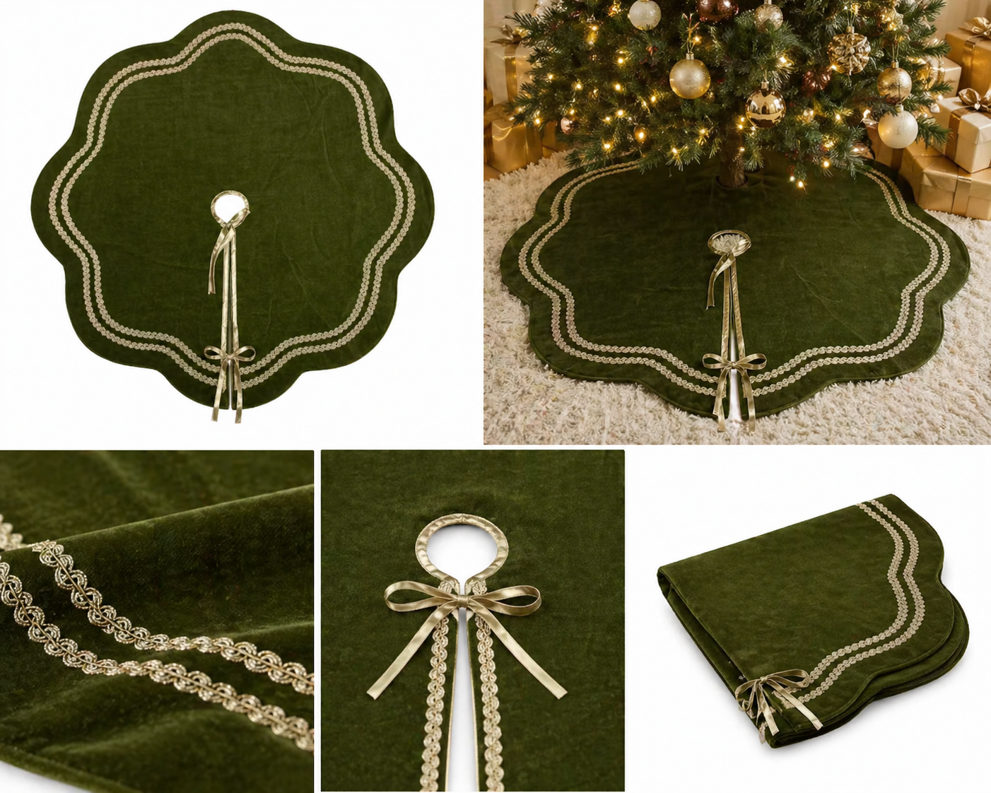 Wholesale Velvet Christmas Tree Skirt – Scalloped Edge with Gold Trim | 48 Inch Sample Available