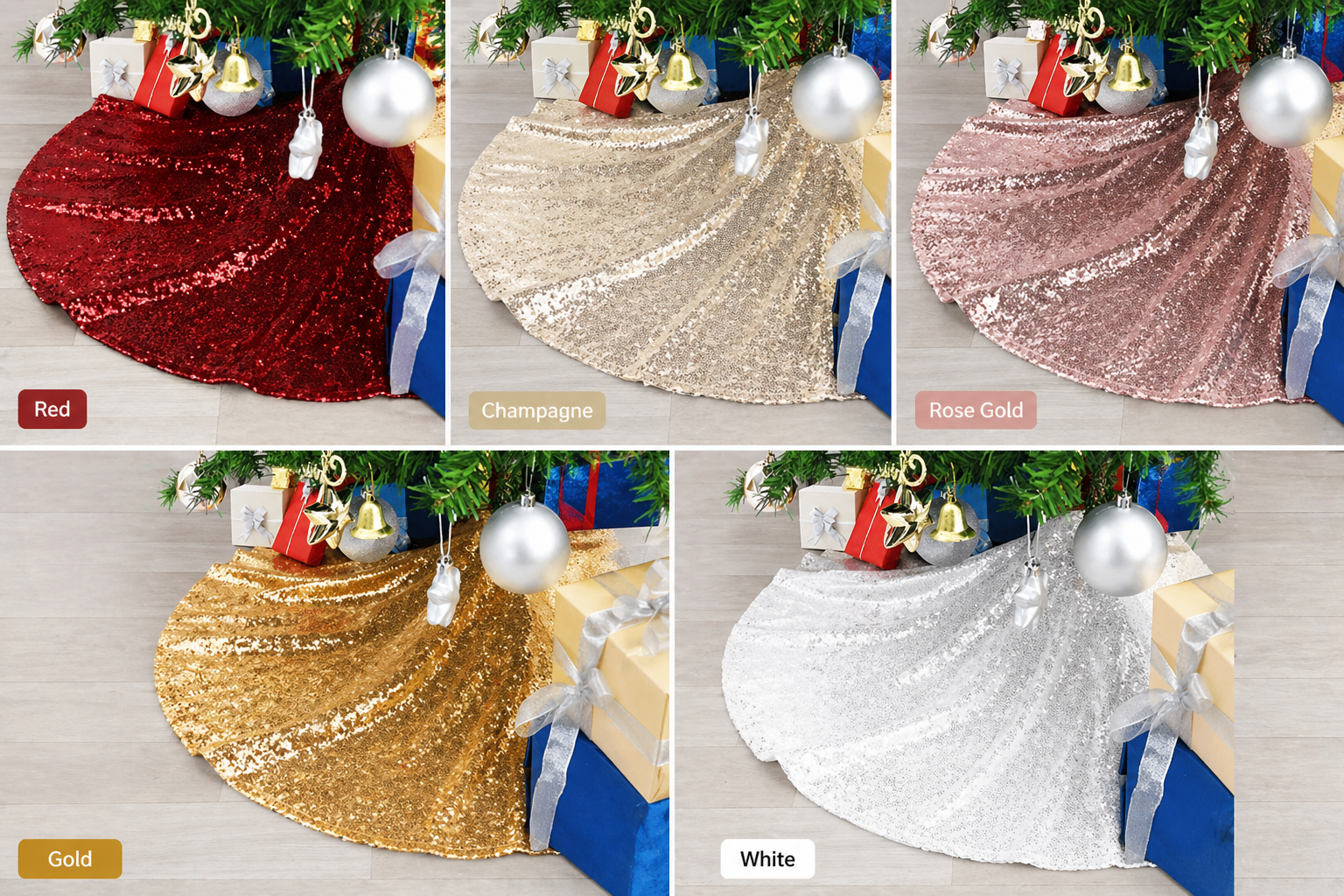 Sequin Christmas Tree Skirt – Luxury Glitter Tree Base Cover in Red, Champagne, Gold, Rose Gold & White