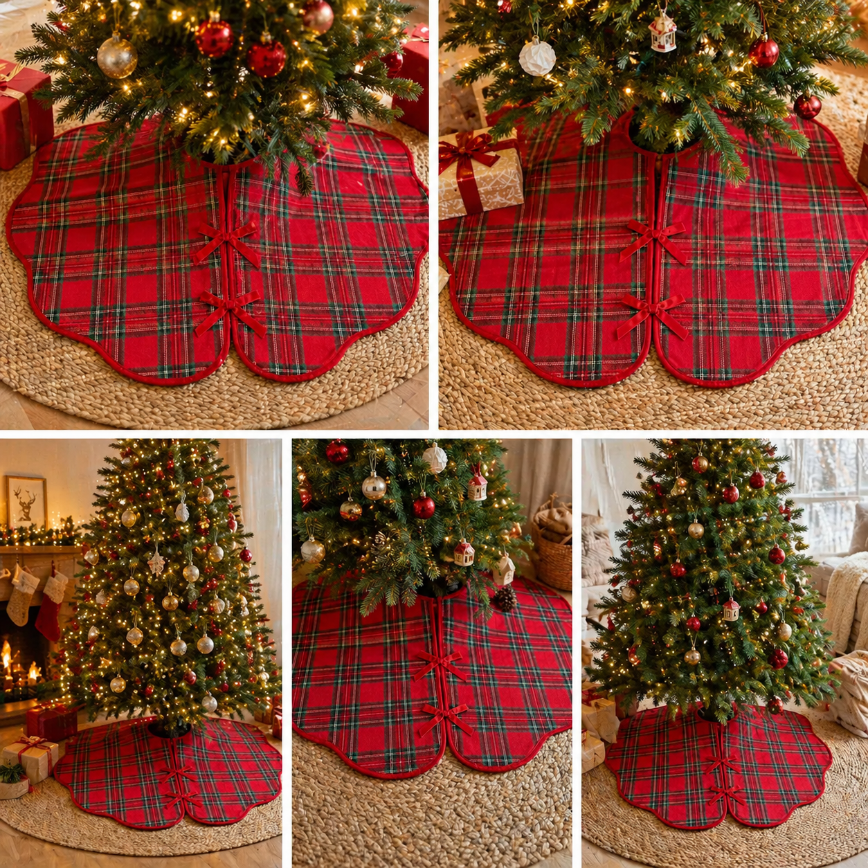 Red Plaid Christmas Tree Skirt with Velvet Bow – Classic Holiday Tree Base Cover for Wholesale & Custom Orders