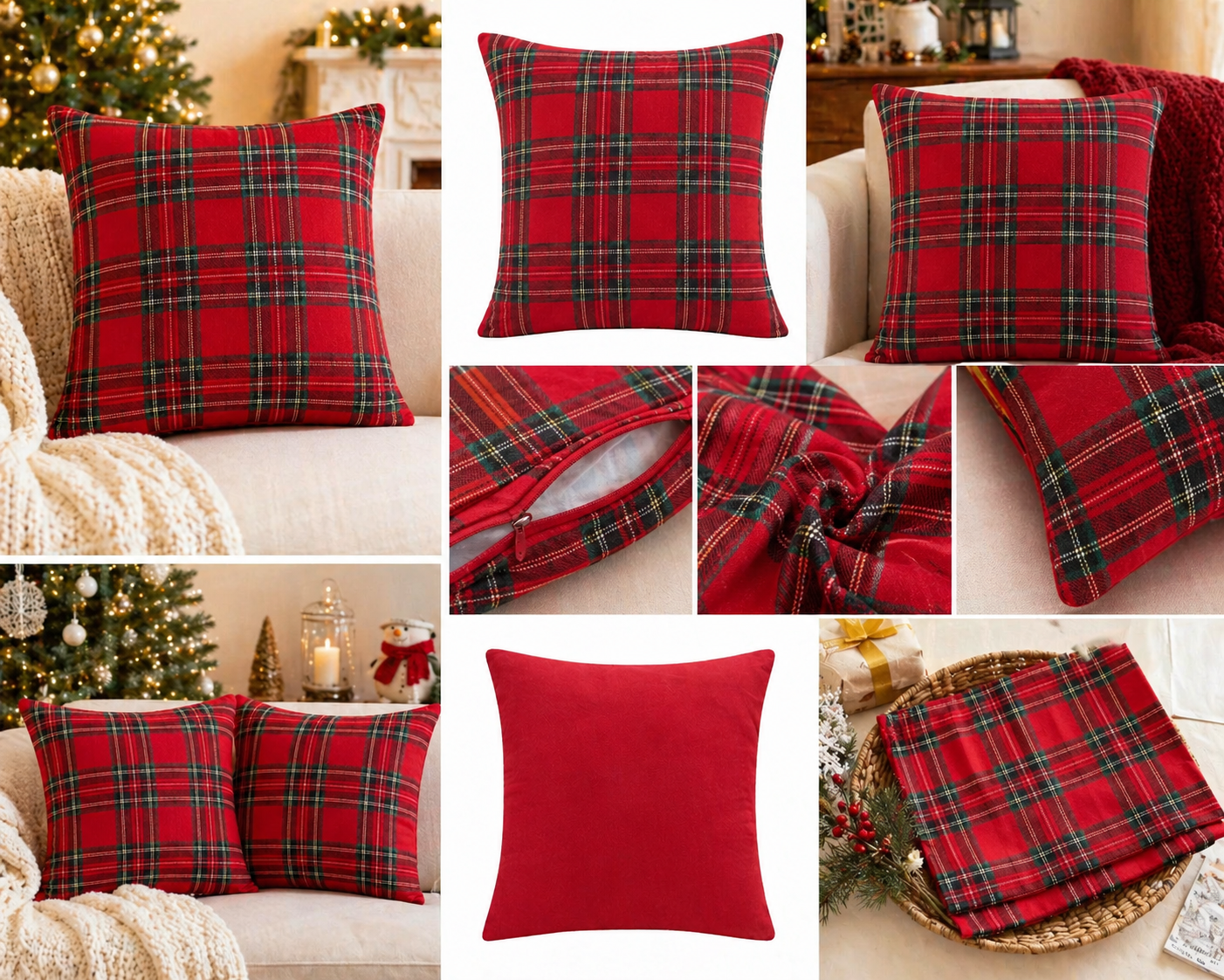 Red Plaid Christmas Pillow Covers – Classic Tartan Cushion Covers for Holiday Decoration Wholesale