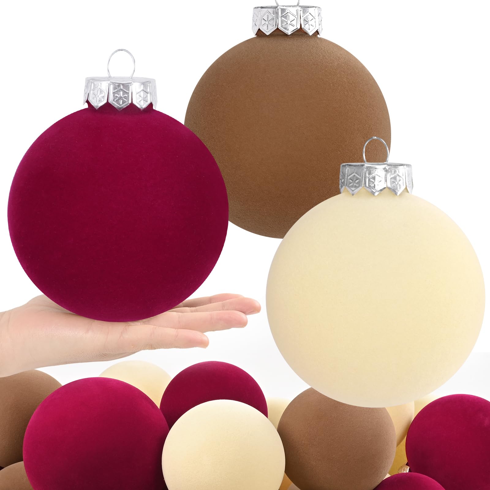 Wholesale 15 Pcs(3.9 In/100 mm) Velvet Christmas Ornaments Balls Set, Brown Green Neutral Christmas Tree Ornaments, Flocked Xmas Tree Balls Supplier