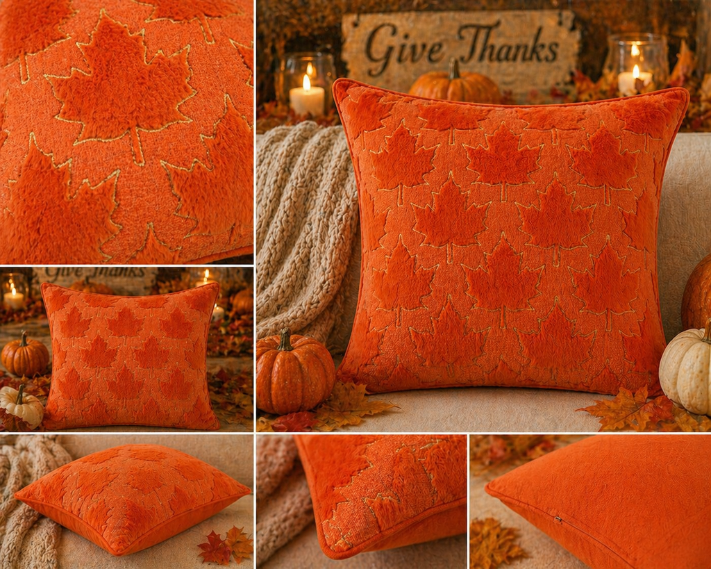 Thanksgiving Velvet Maple Leaf Pillow Covers – Autumn Decorative Cushion Case with Hidden Zipper | Wholesale & Custom