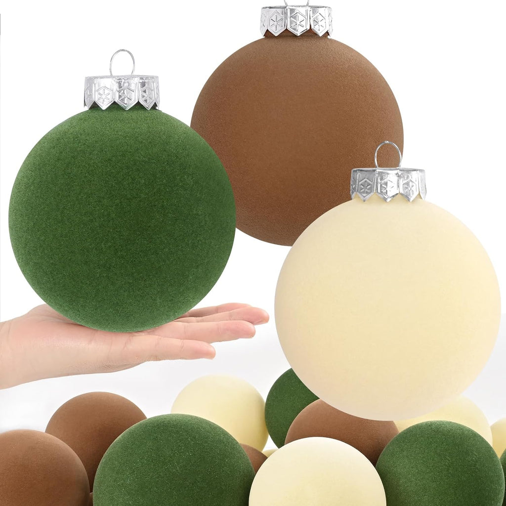 Wholesale 15 Pcs(3.9 In/100 mm) Velvet Christmas Ornaments Balls Set, Brown Green Neutral Christmas Tree Ornaments, Flocked Xmas Tree Balls Supplier