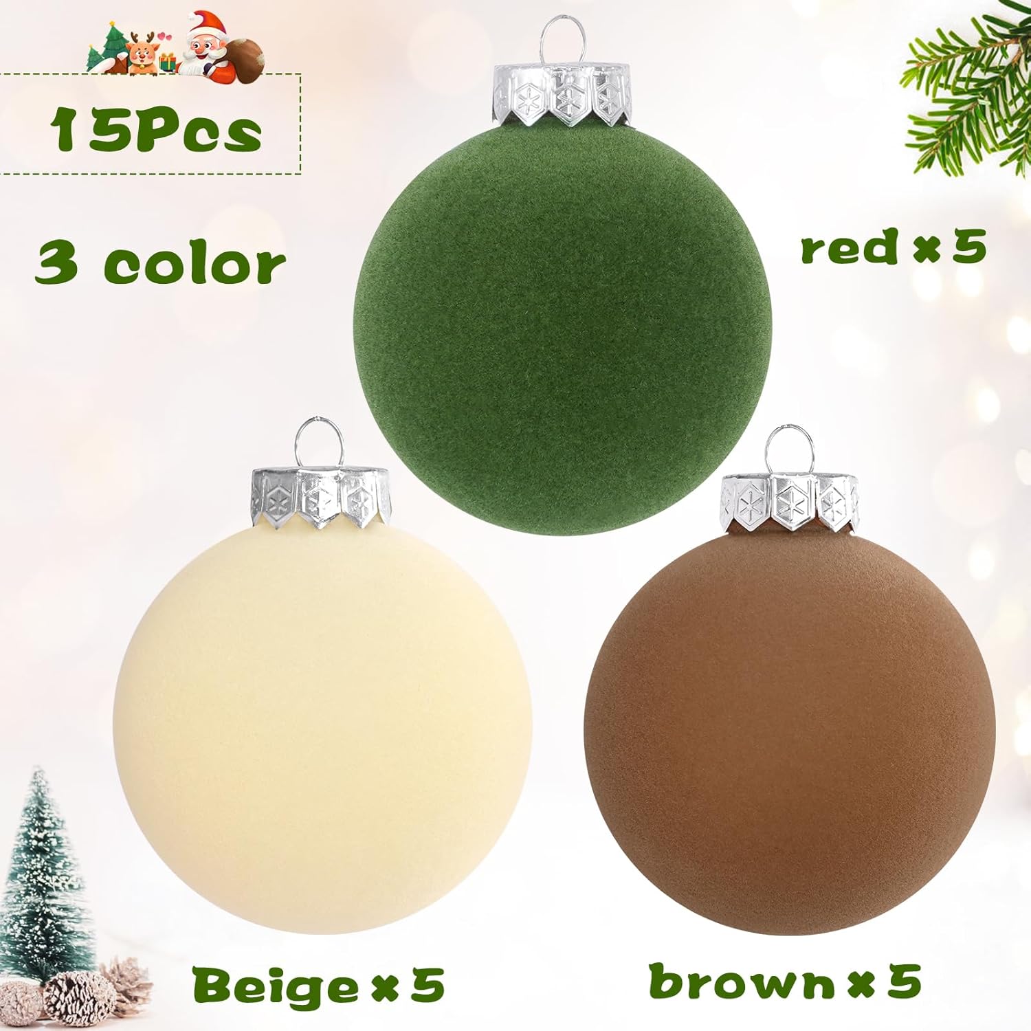 Wholesale 15 Pcs(3.9 In/100 mm) Velvet Christmas Ornaments Balls Set, Brown Green Neutral Christmas Tree Ornaments, Flocked Xmas Tree Balls Supplier