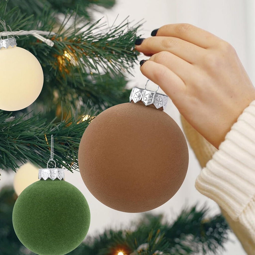 Wholesale 15 Pcs(3.9 In/100 mm) Velvet Christmas Ornaments Balls Set, Brown Green Neutral Christmas Tree Ornaments, Flocked Xmas Tree Balls Supplier