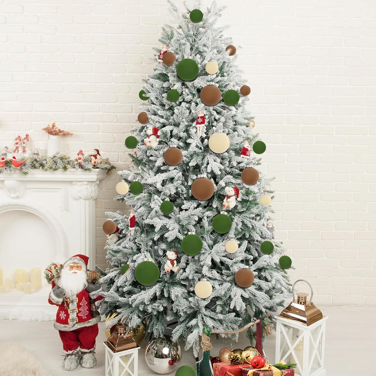 Wholesale 15 Pcs(3.9 In/100 mm) Velvet Christmas Ornaments Balls Set, Brown Green Neutral Christmas Tree Ornaments, Flocked Xmas Tree Balls Supplier