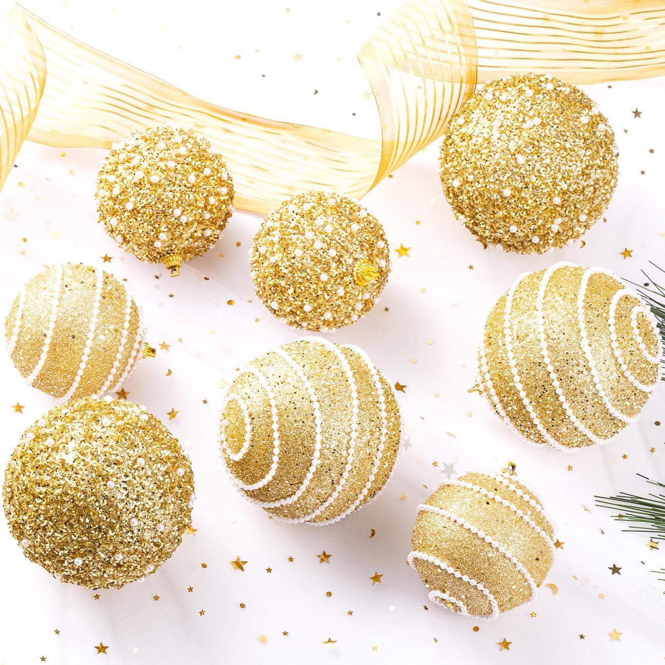 Gold Beaded Christmas Ball Ornament Set Wholesale | Luxury Glitter Holiday Decorations