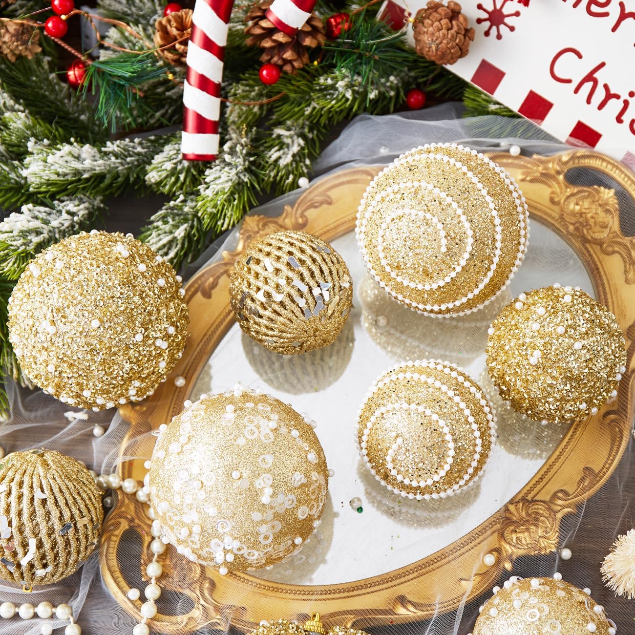 Gold Beaded Christmas Ball Ornament Set Wholesale | Luxury Glitter Holiday Decorations