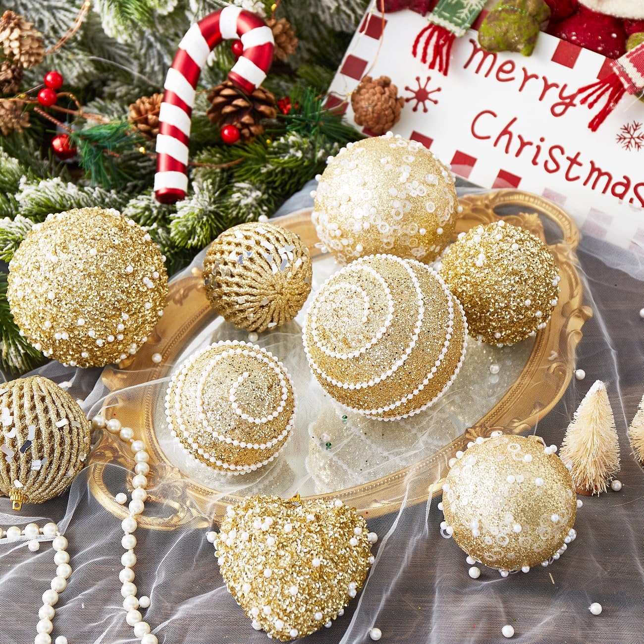 Gold Beaded Christmas Ball Ornament Set Wholesale | Luxury Glitter Holiday Decorations