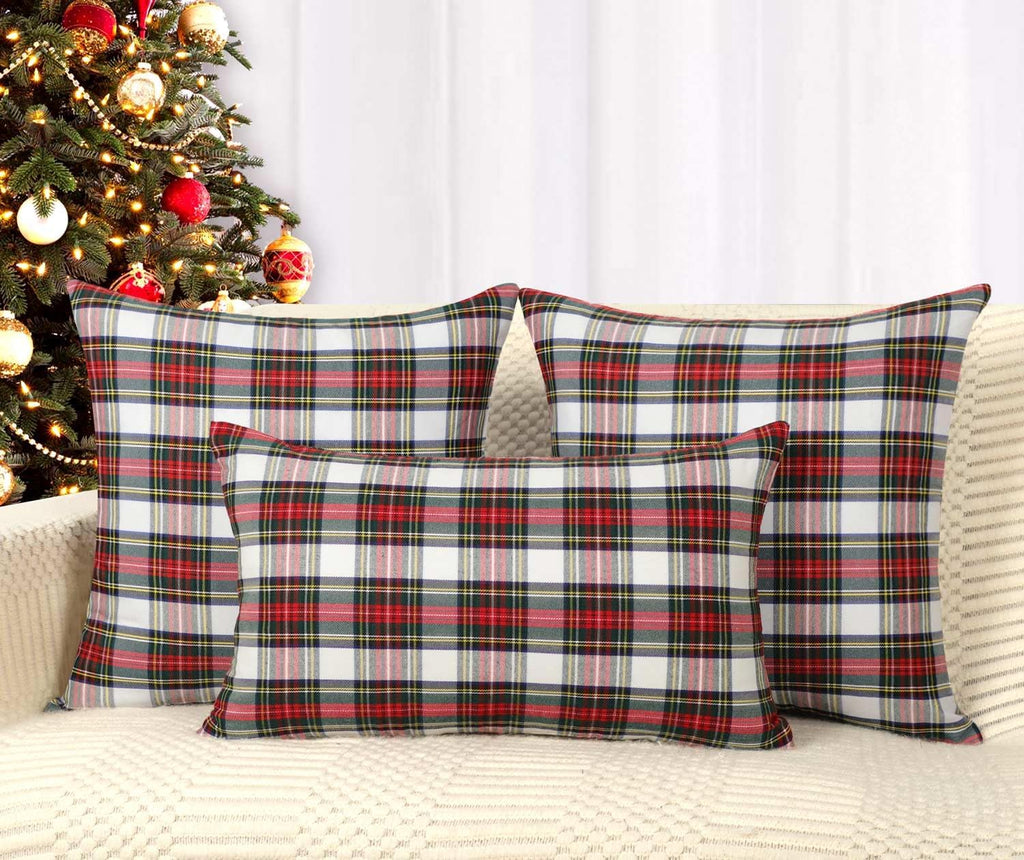 4TH Emotion Set of 2 Christmas Scottish Tartan Plaid Throw Pillow Covers Cushion Case Polyester for Farmhouse Home Decor Red and White, 18 x 18 Inches