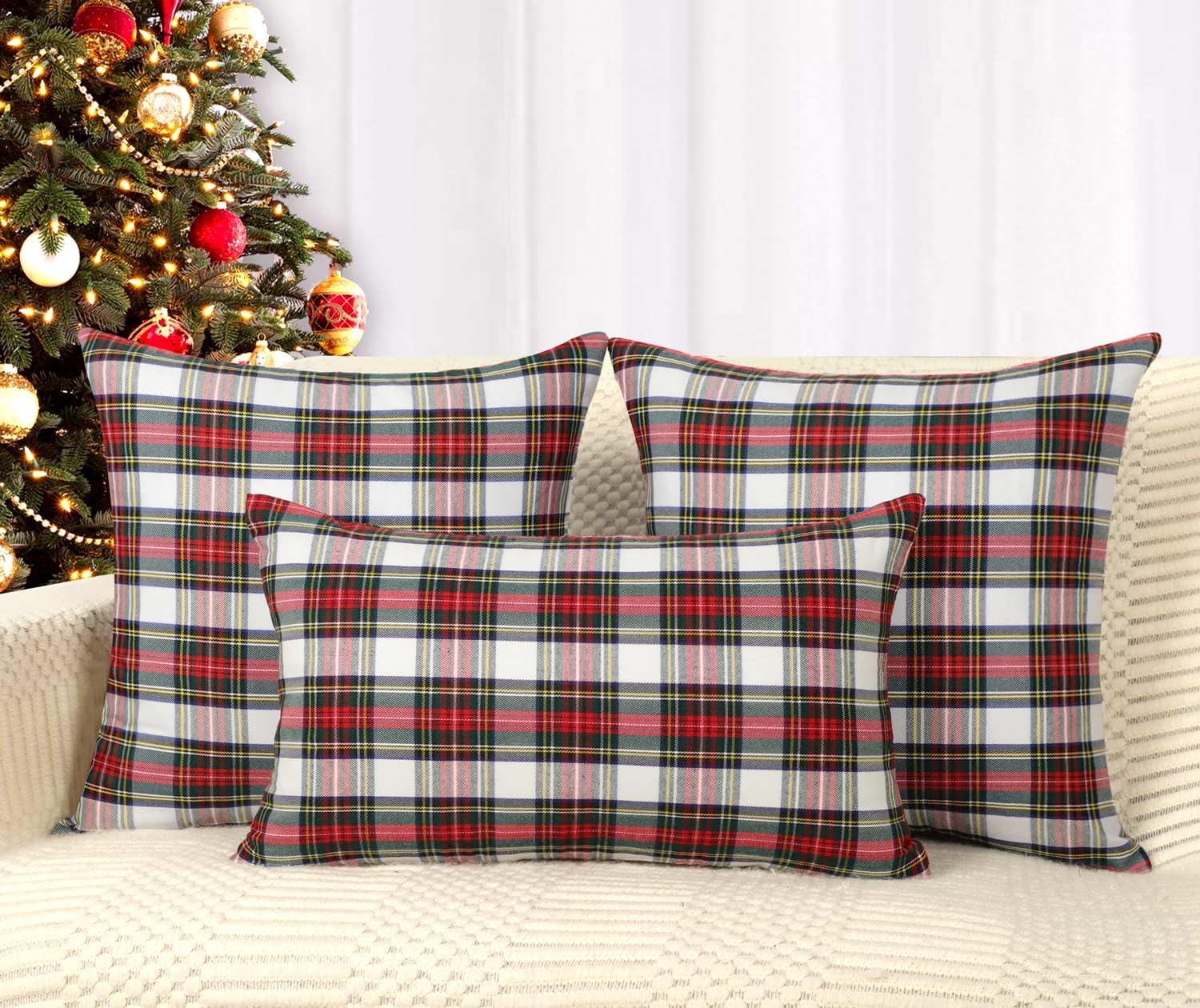 4TH Emotion Set of 2 Christmas Scottish Tartan Plaid Throw Pillow Covers Cushion Case Polyester for Farmhouse Home Decor Red and White, 18 x 18 Inches