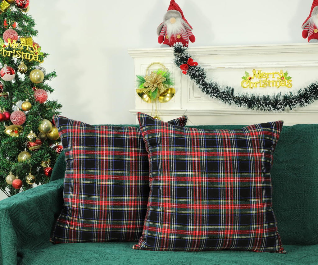 4TH Emotion Set of 2 Christmas Scottish Tartan Plaid Throw Pillow Covers Cushion Case Polyester for Farmhouse Home Decor Red and White, 18 x 18 Inches