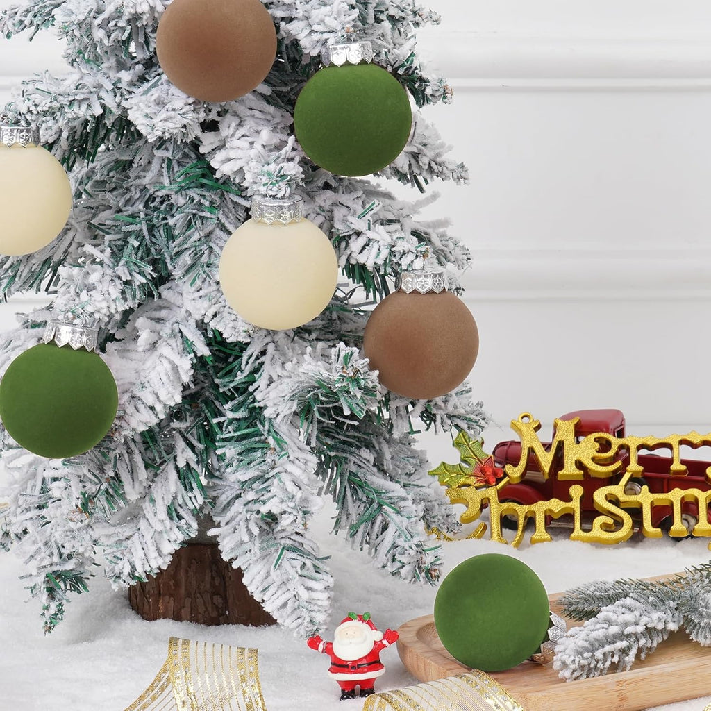 Wholesale 15 Pcs(3.9 In/100 mm) Velvet Christmas Ornaments Balls Set, Brown Green Neutral Christmas Tree Ornaments, Flocked Xmas Tree Balls Supplier