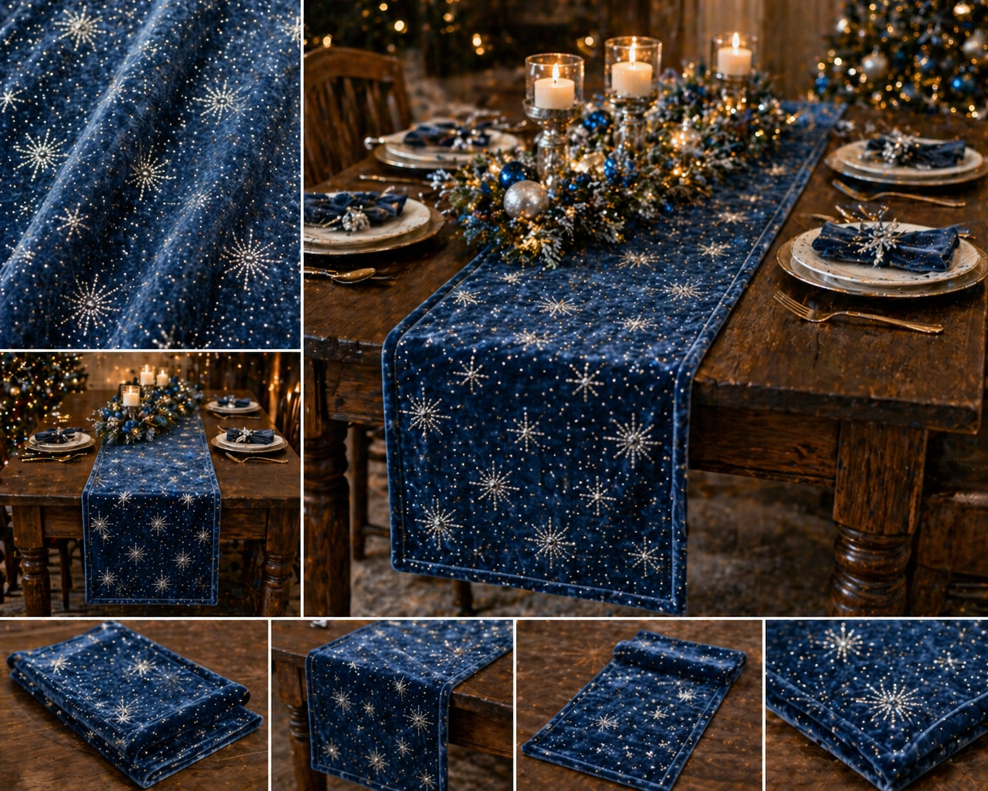 Blue Velvet Snowflake Christmas Table Runner – Winter Holiday Dining Decor | Wholesale & Custom