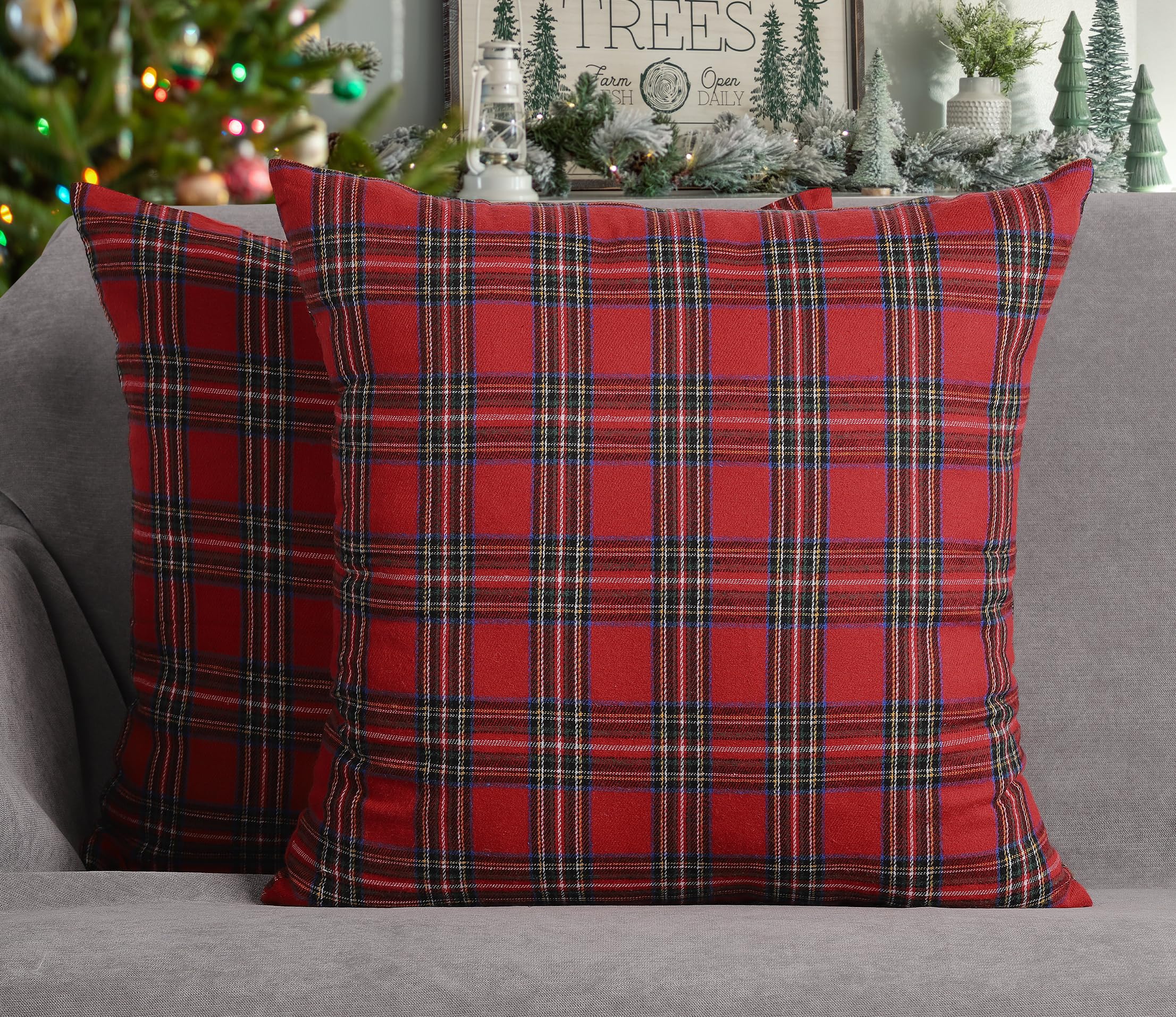 4TH Emotion Set of 2 Christmas Scottish Tartan Plaid Throw Pillow Covers Cushion Case Polyester for Farmhouse Home Decor Red and White, 18 x 18 Inches