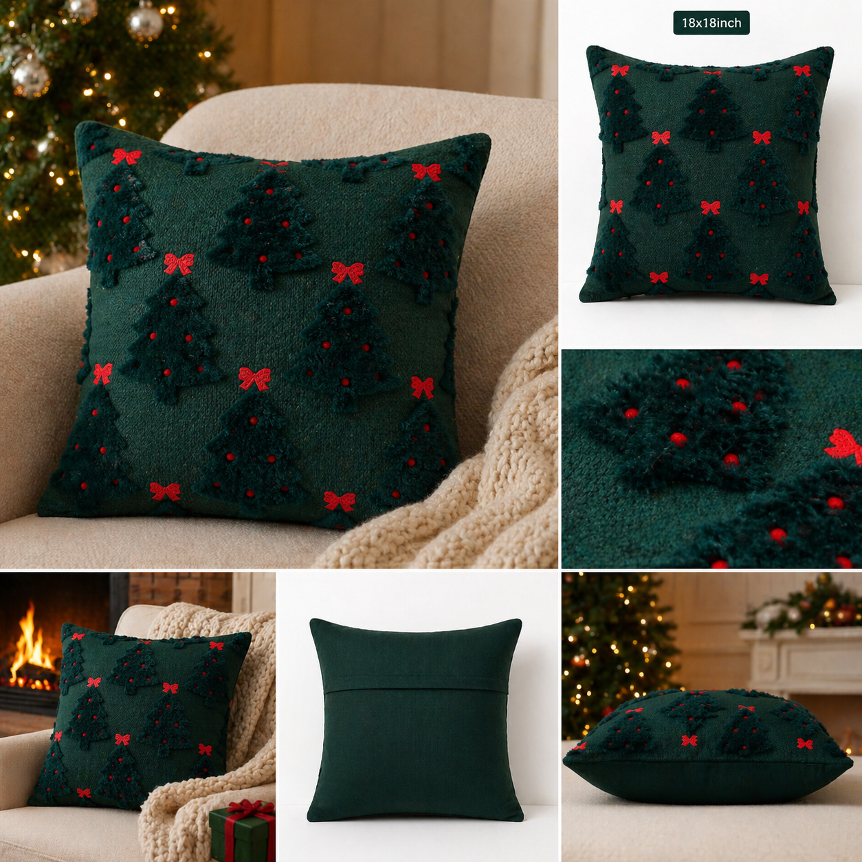 Wholesale Christmas Tree Embroidered Throw Pillow Cover | Custom Holiday Cushion Cover | MOQ Bulk Order + Sample Available