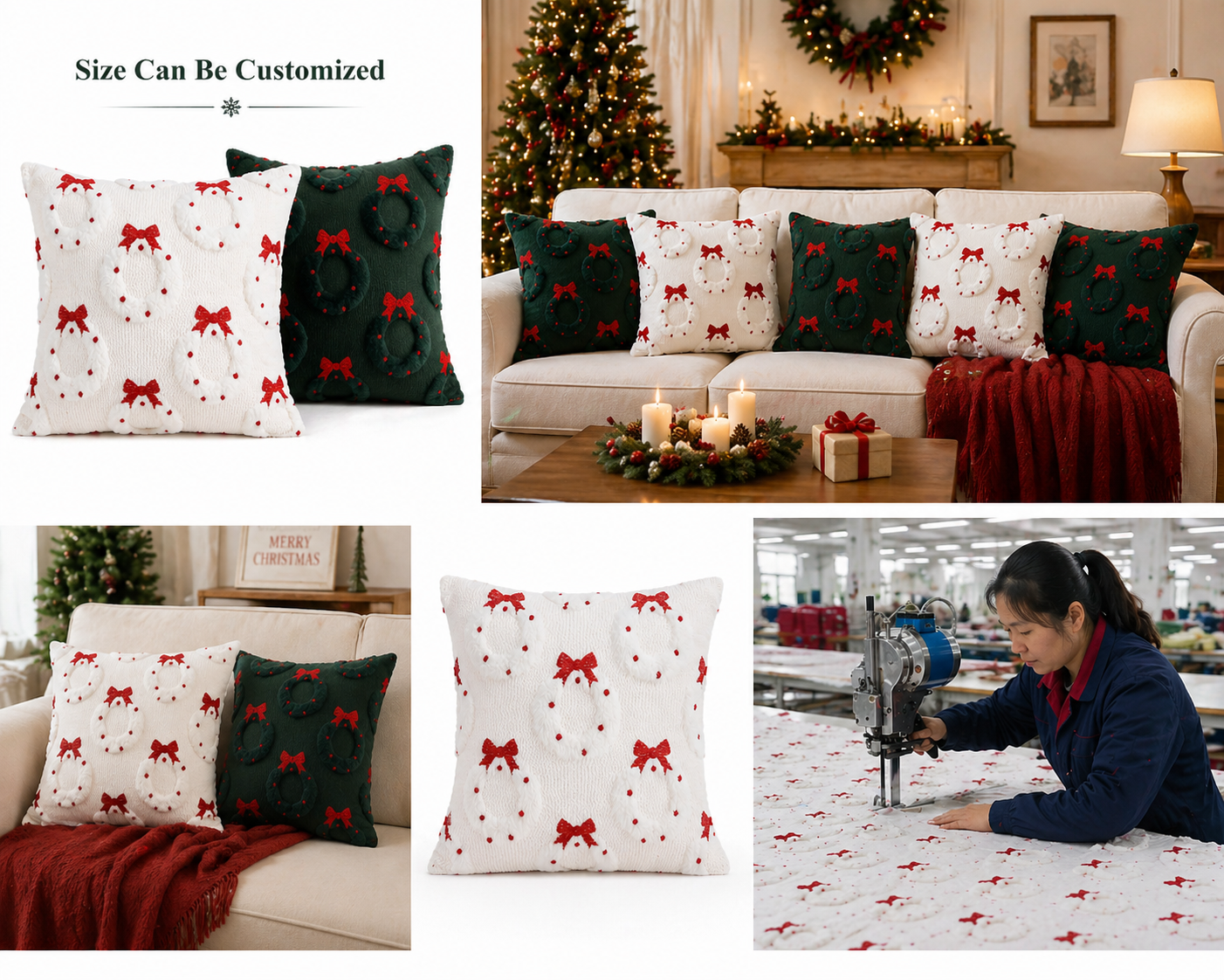 Wholesale Christmas Pillow Cover – 3D Tufted Wreath Design | Custom Size Available