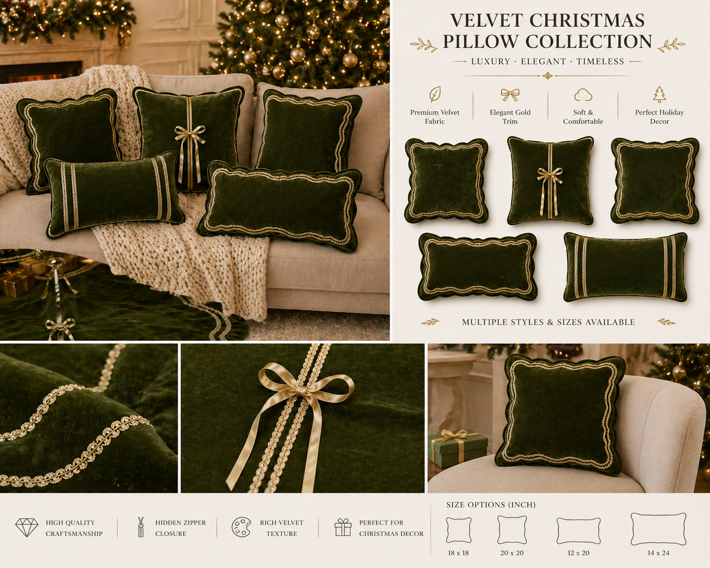 Wholesale Velvet Pillow Cover – Scalloped Edge with Gold Trim | Luxury Christmas Home Decor